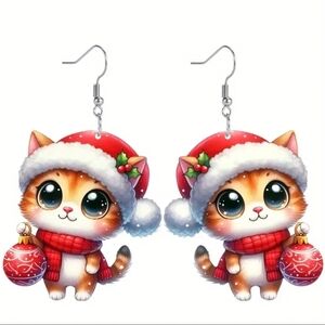 Holiday Christmas Acrylic Cat Pierced Earrings. NWOT
